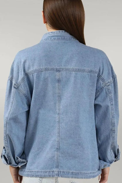 Drawstring Snap Down Denim Jacket with Chest Pockets