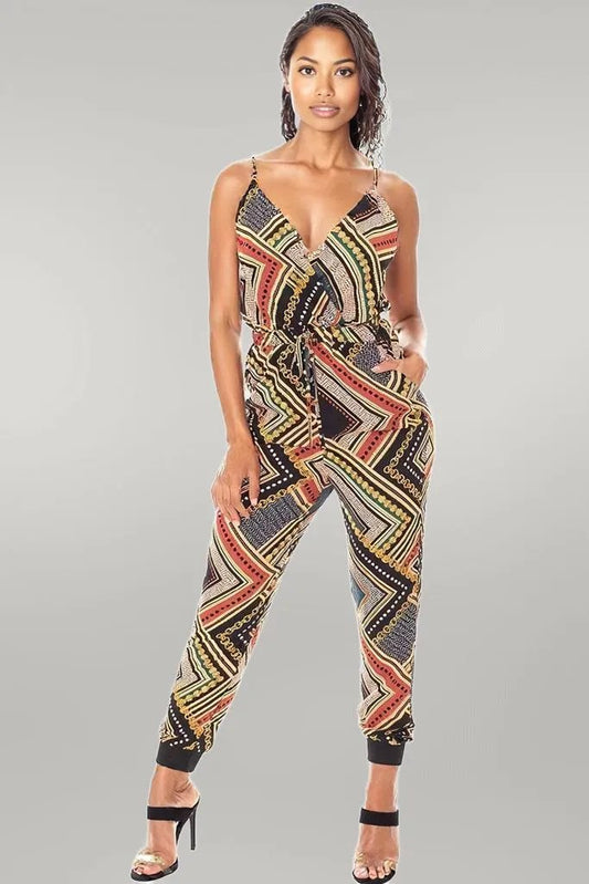 Boarder Print Wrap Drawstring Waist Jumpsuit L