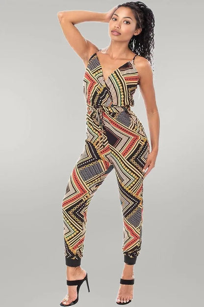 Boarder Print Wrap Drawstring Waist Jumpsuit