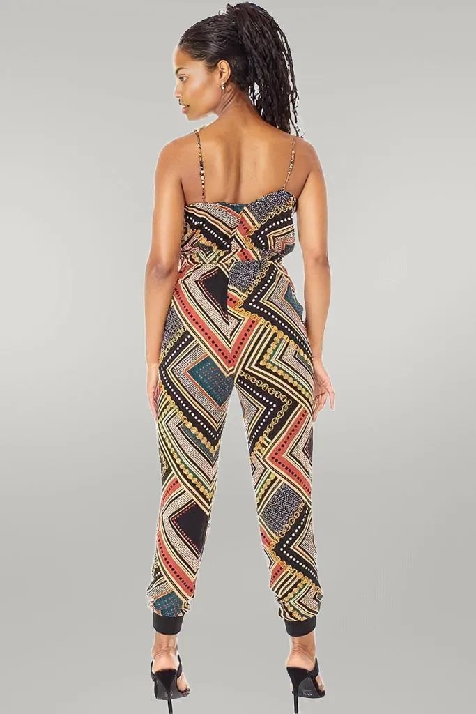 Boarder Print Wrap Drawstring Waist Jumpsuit