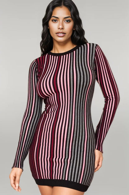 Multi-color Striped Ribbed Dress L