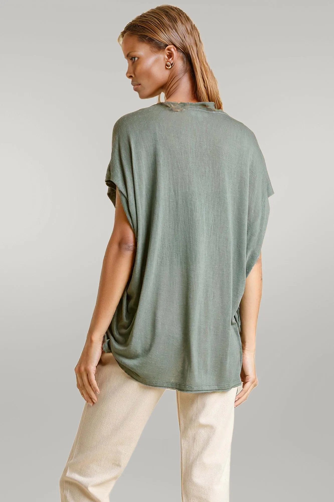 Short Sheer Dolman Sleeve Scoop Neck Top With Side Slit