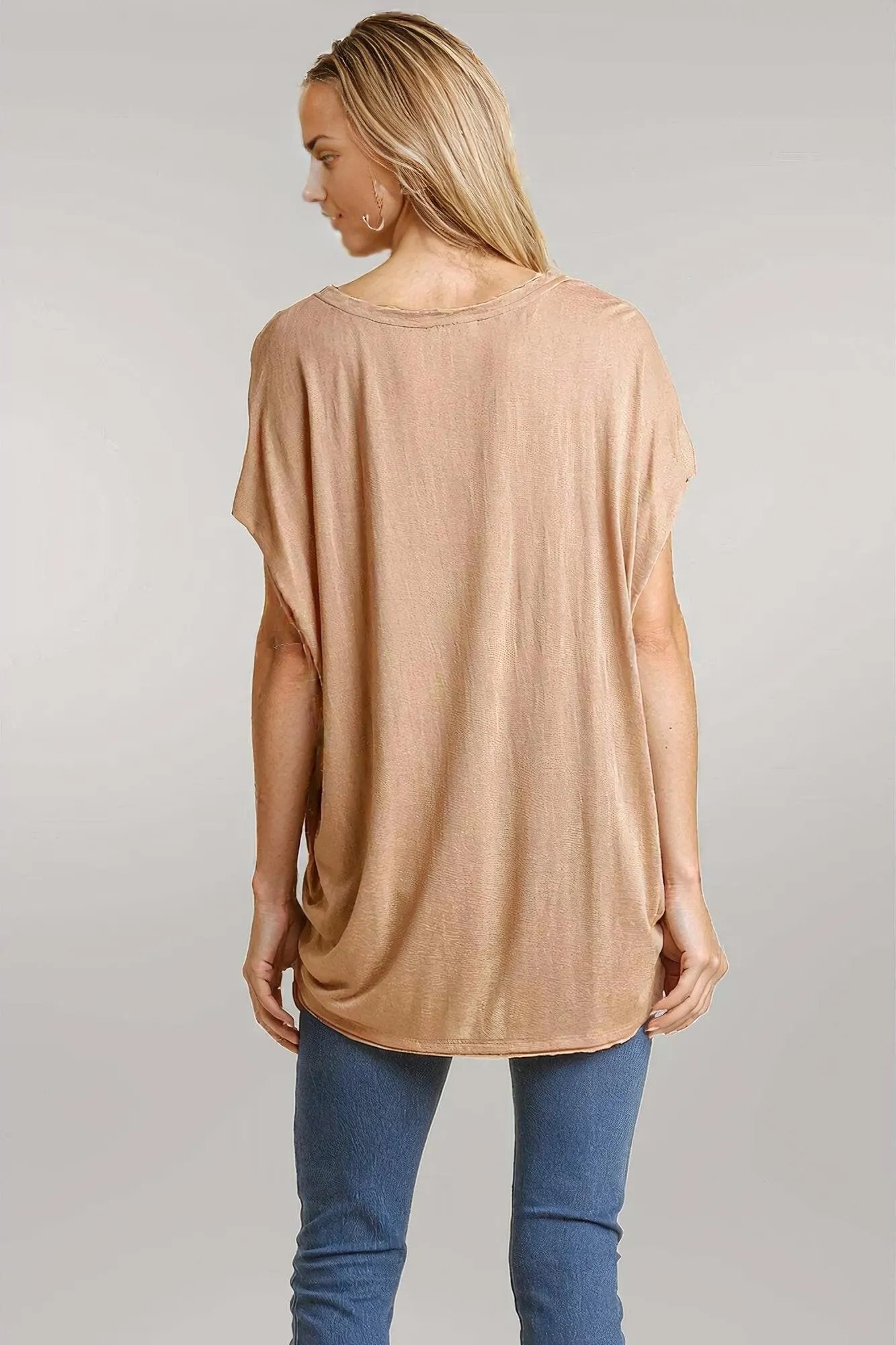Short Sheer Dolman Sleeve Scoop Neck Top With Side Slit
