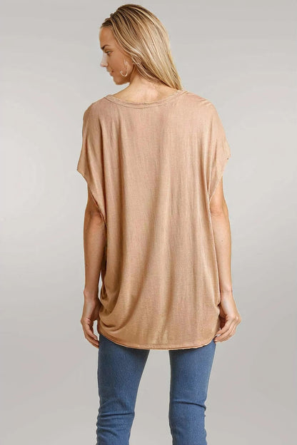 Short Sheer Dolman Sleeve Scoop Neck Top With Side Slit