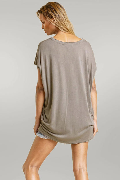 Short Sheer Dolman Sleeve Scoop Neck Top With Side Slit