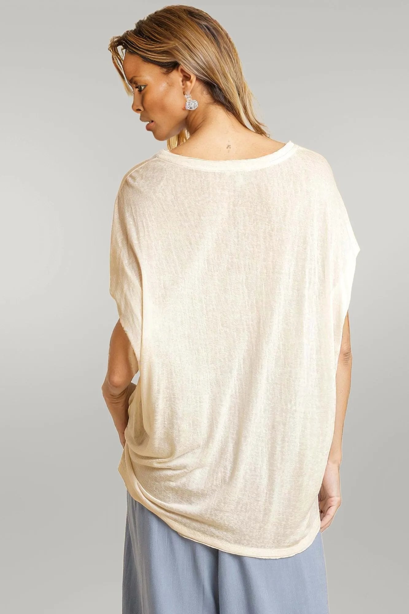 Short Sheer Dolman Sleeve Scoop Neck Top With Side Slit