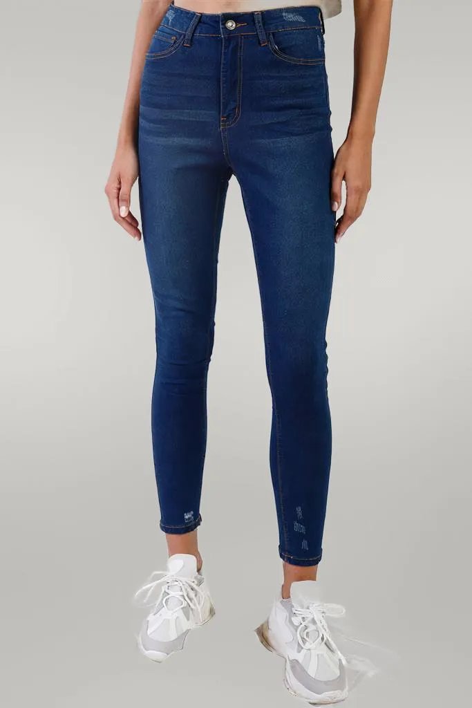 Dark Blue High-waisted With Rips Skinny Denim Jeans 13