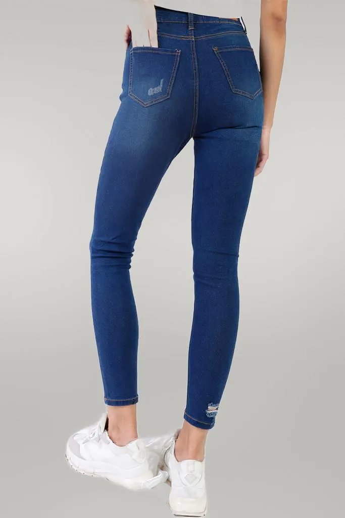 Dark Blue High-waisted With Rips Skinny Denim Jeans