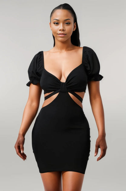 Lux Side Cutout W/ Back Tie Detail Bodycon Dress Black