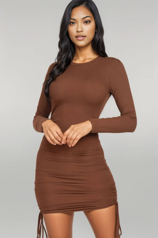 Ribbed long sleeve drawstring bodycon dress L