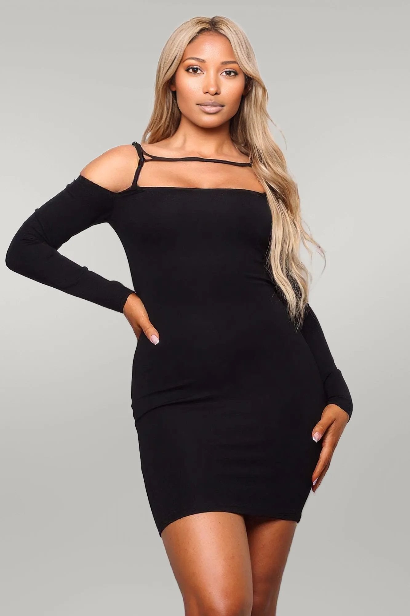 Long Sleeve Cuff Front Strap Mini Dress L