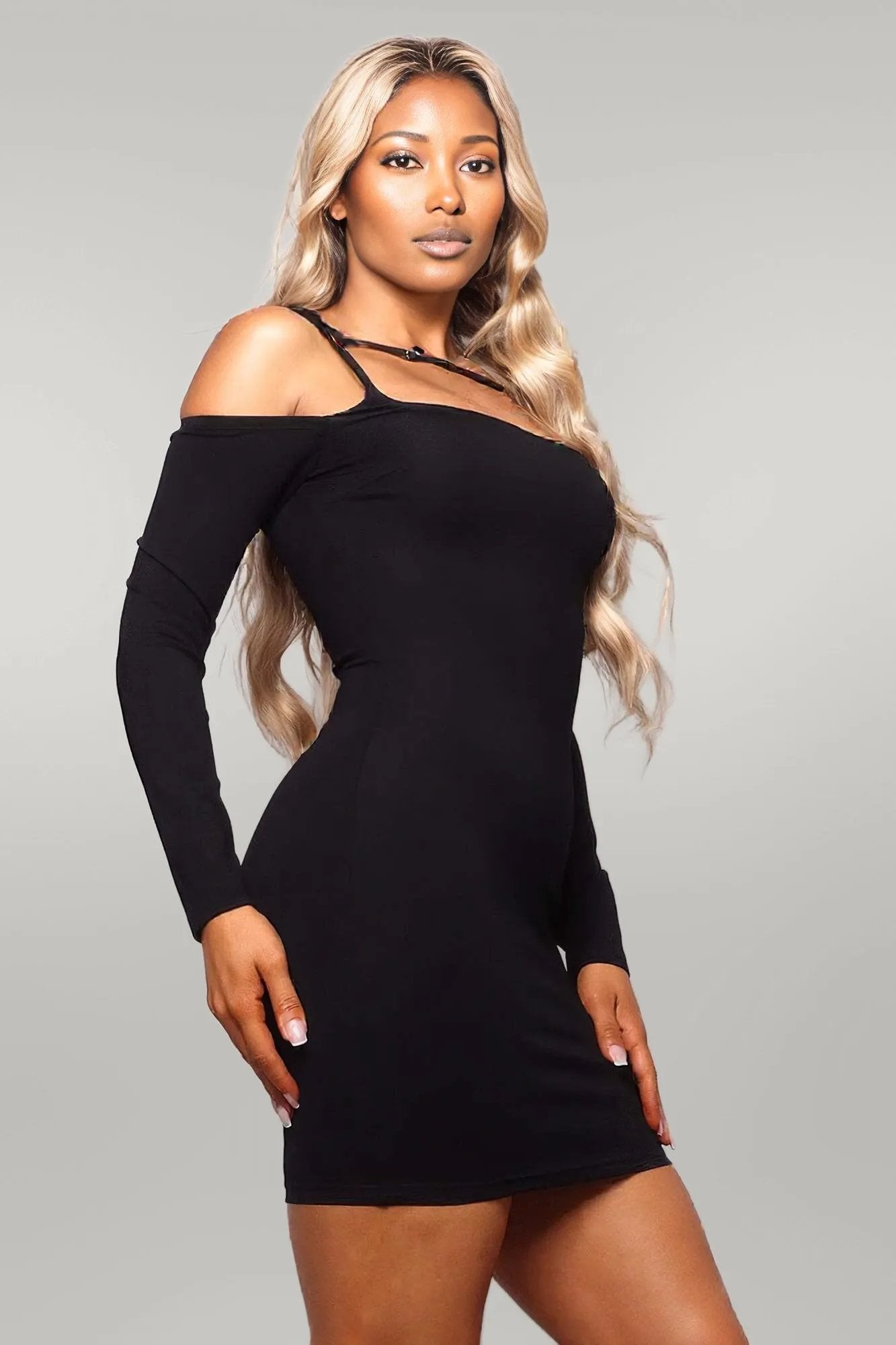 Long Sleeve Cuff Front Strap Mini Dress