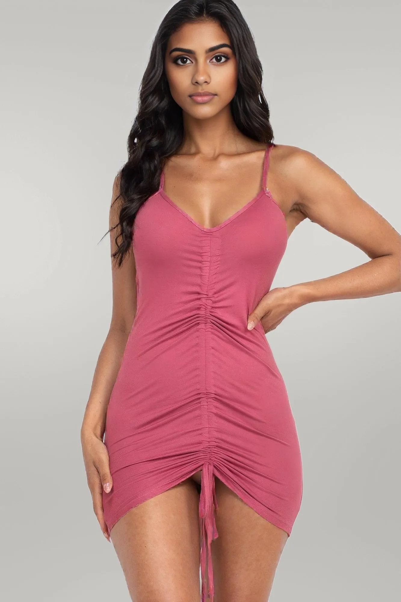 Adjustable Ruched Front Detail Mini Dress Dark Mauve