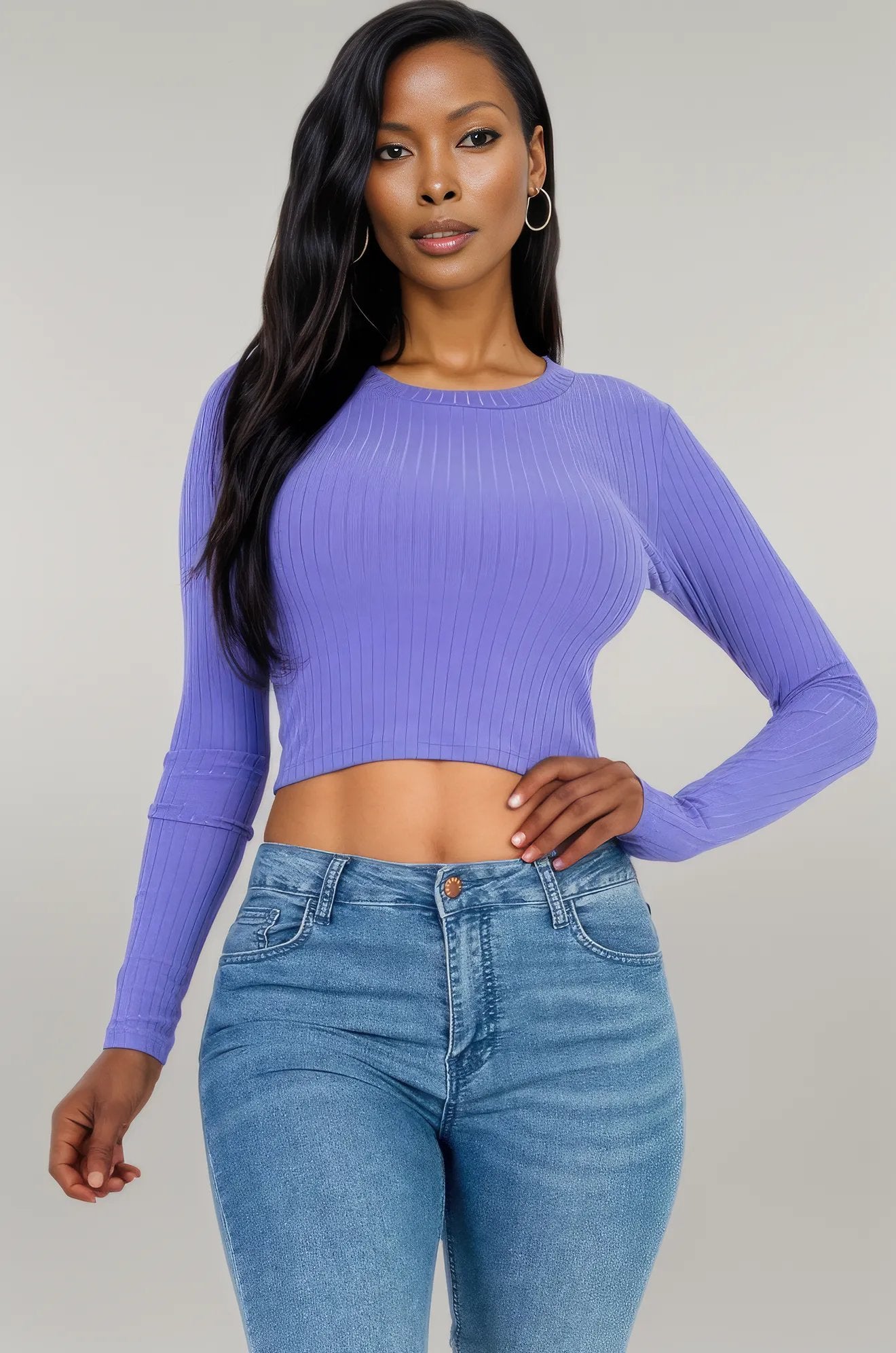 Long Sleeve Round Neck Basic Crop Top L