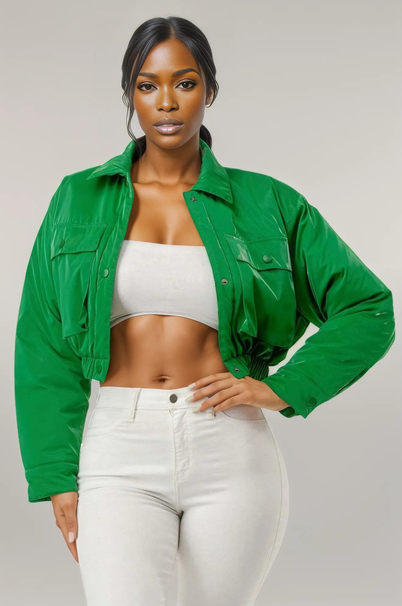 Shiny Puffer Bomber Jacket Green