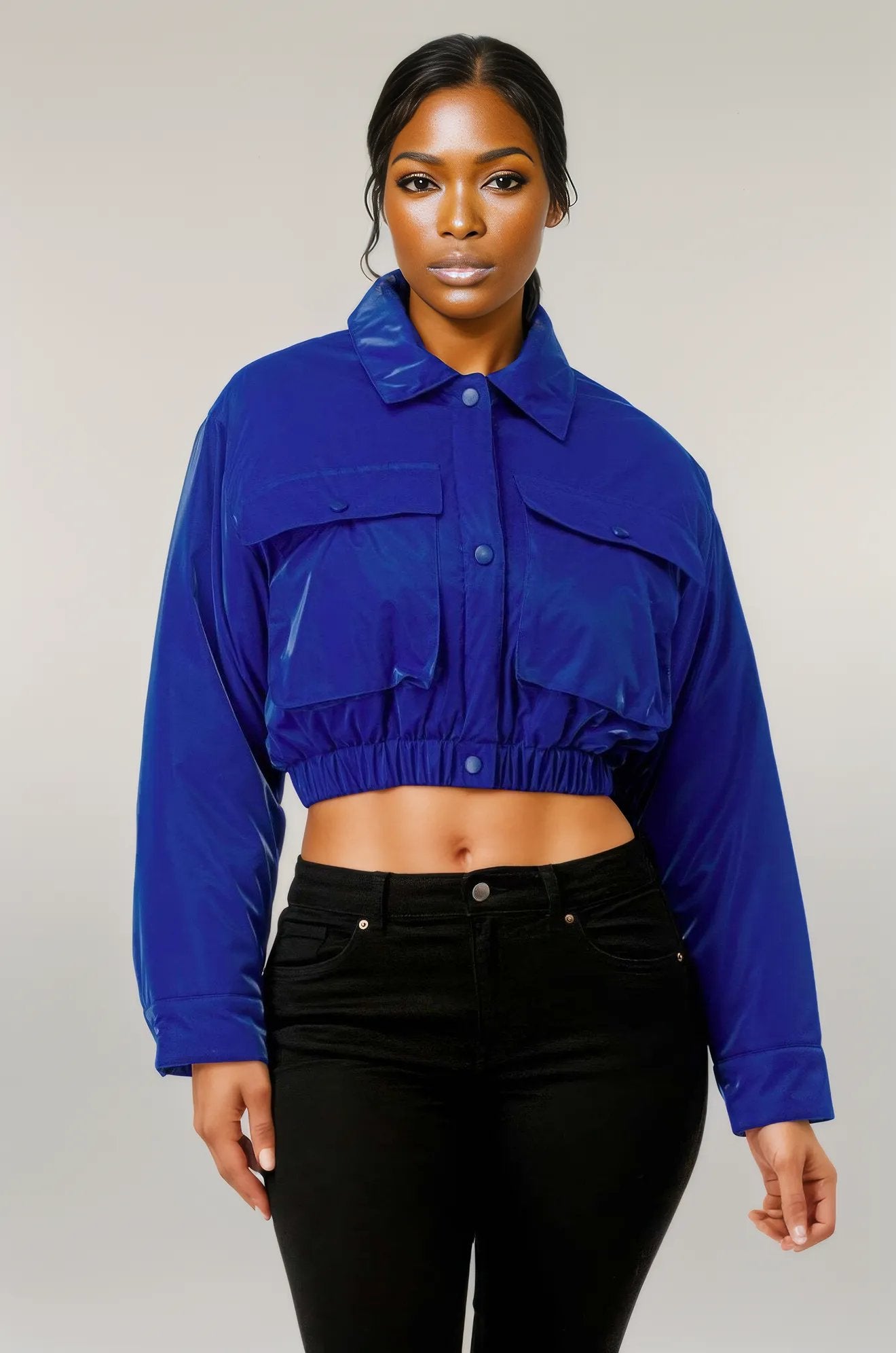 Shiny Puffer Bomber Jacket Royal Blue