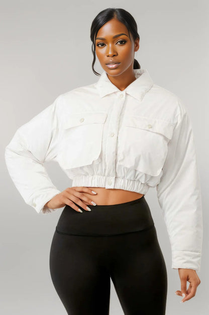 Shiny Puffer Bomber Jacket White