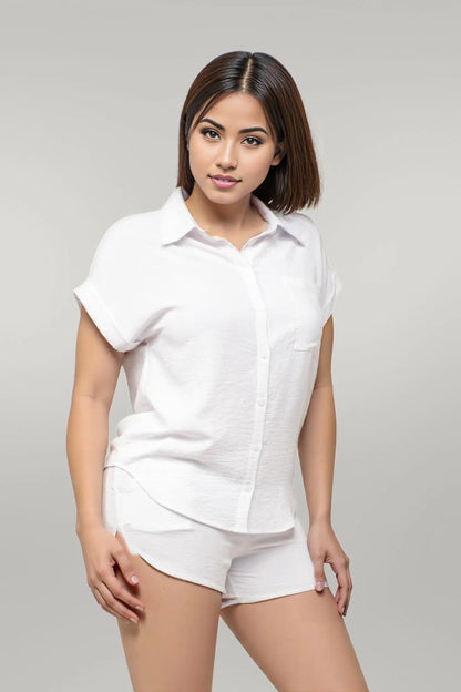 Button Down Pocket Loose Fit Top And Shorts Set