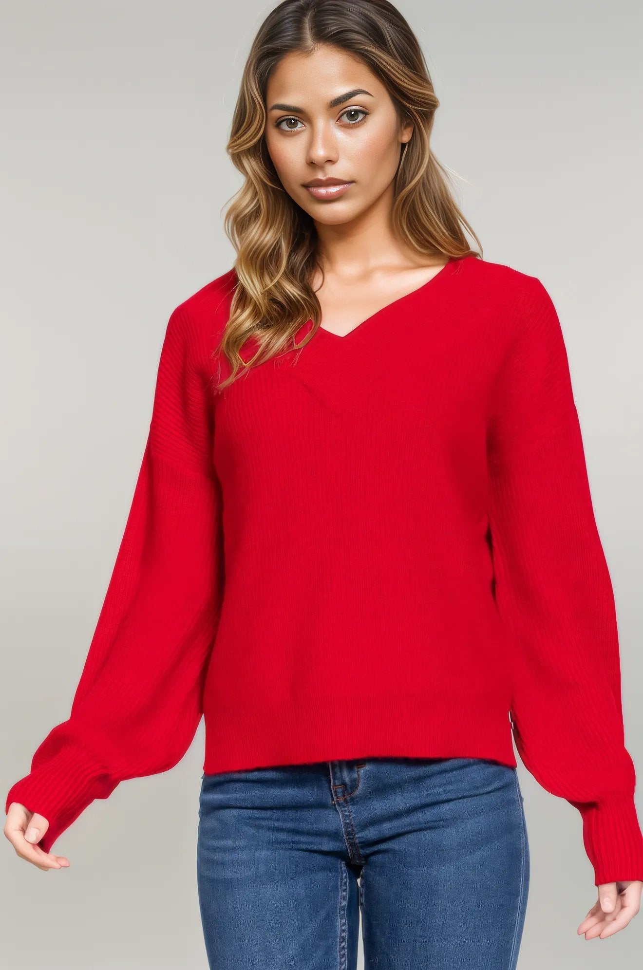 Long Slv Double V-neck Sweater L