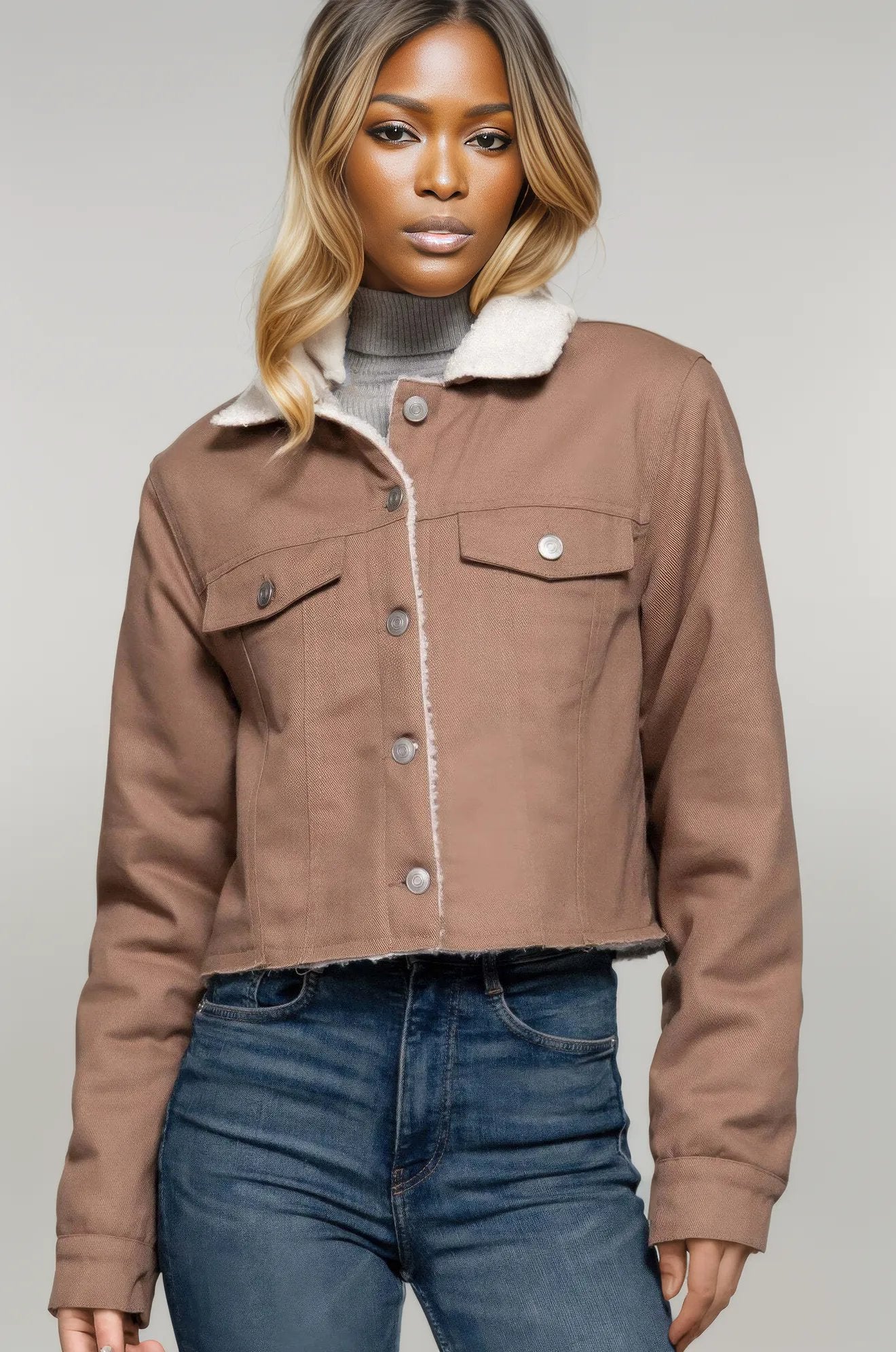 Button Closure Sherpa-lined Twill Jacket Cocoa