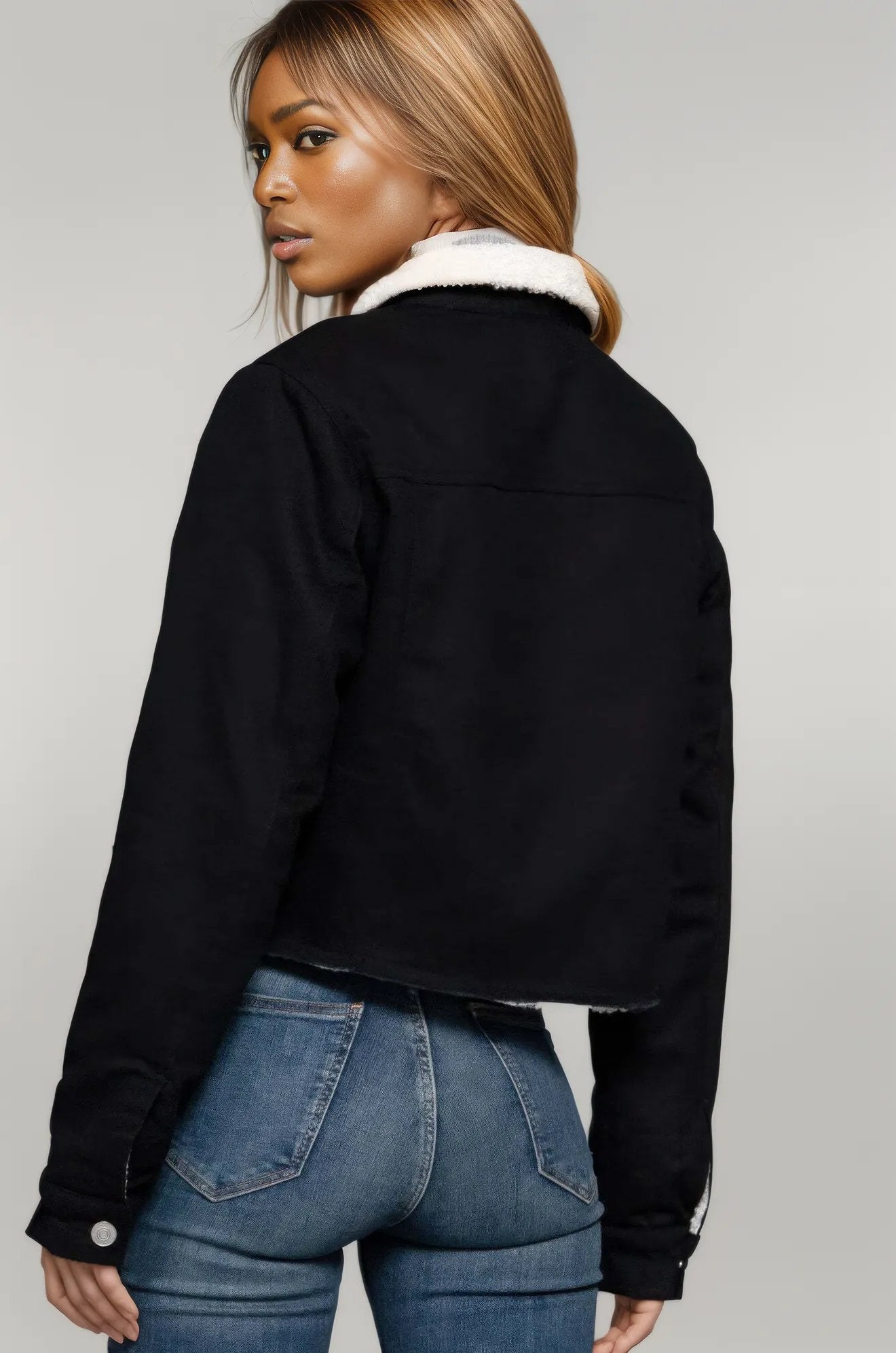 Button Closure Sherpa-lined Twill Jacket Black