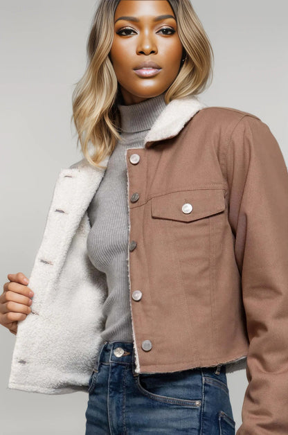 Button Closure Sherpa-lined Twill Jacket