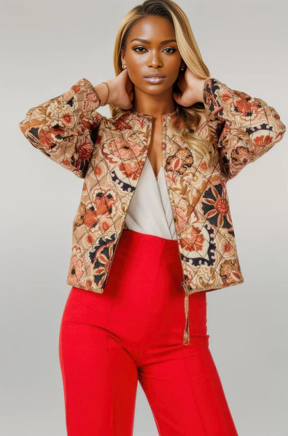 Zip Up Multi-print Jacket Tan