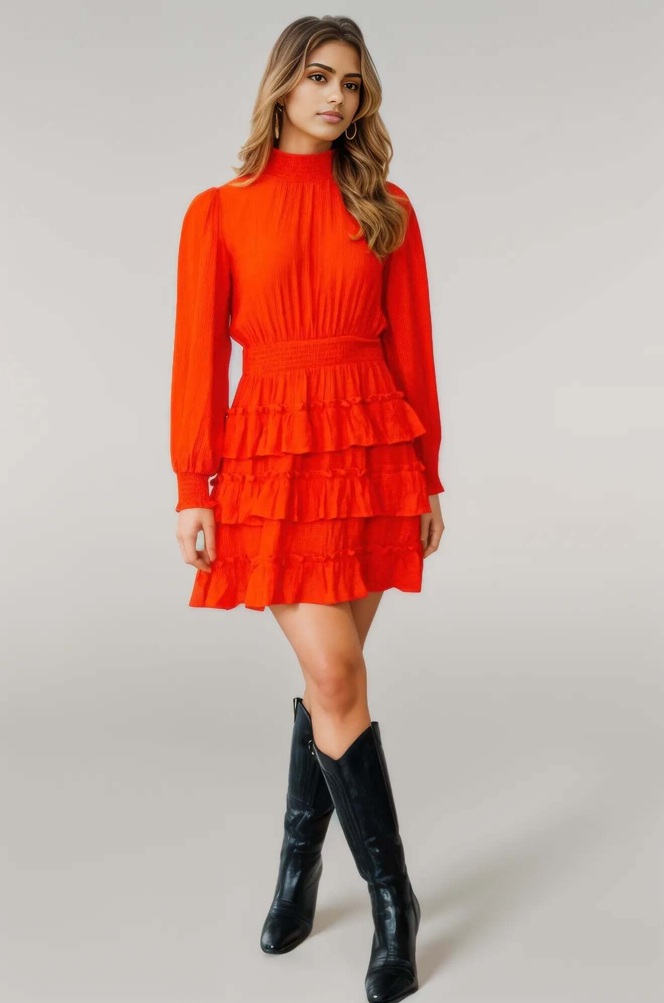 Long Sleeve Smocked Neck Tiered Ruffle Mini Dress