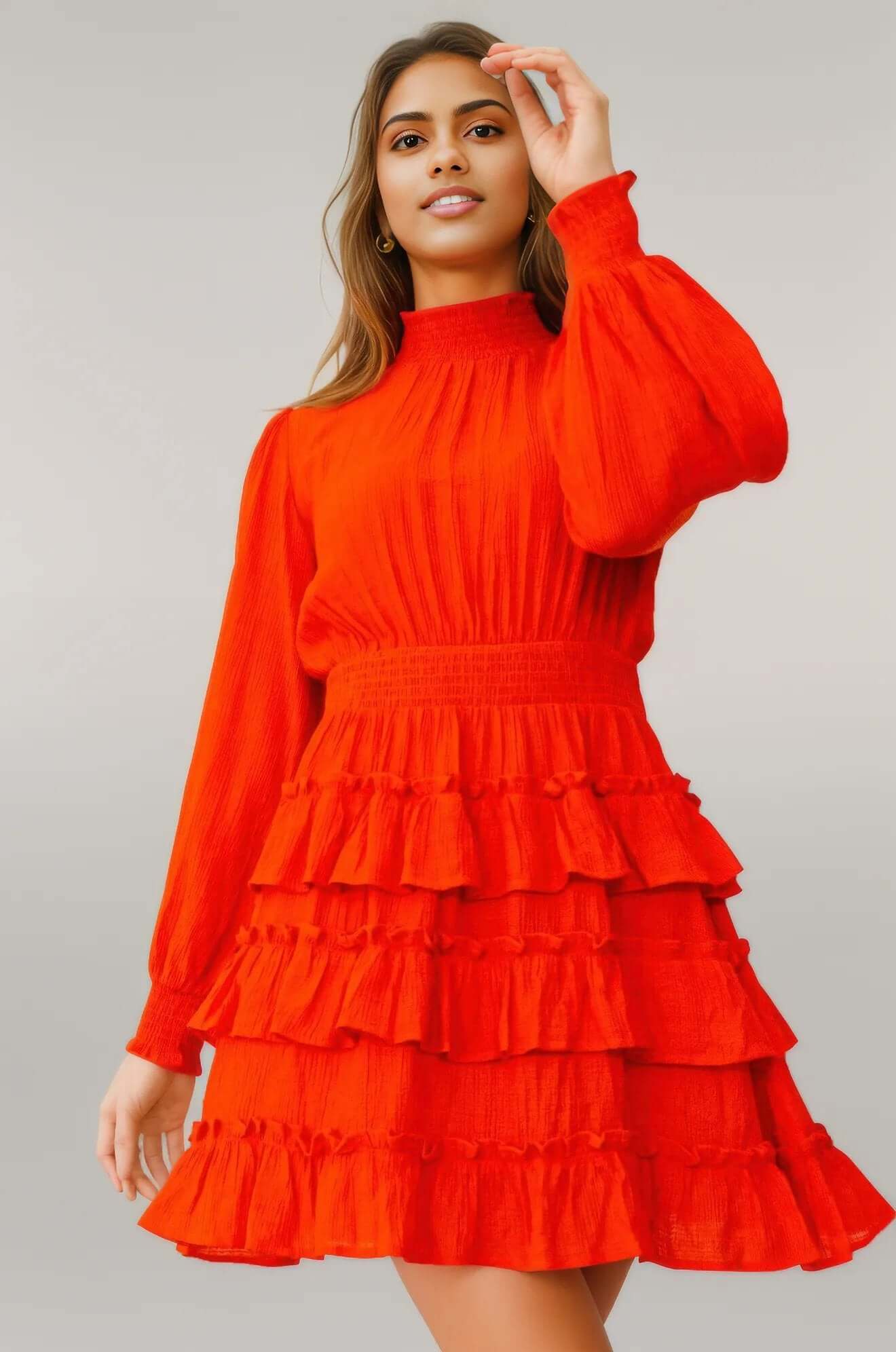 Long Sleeve Smocked Neck Tiered Ruffle Mini Dress