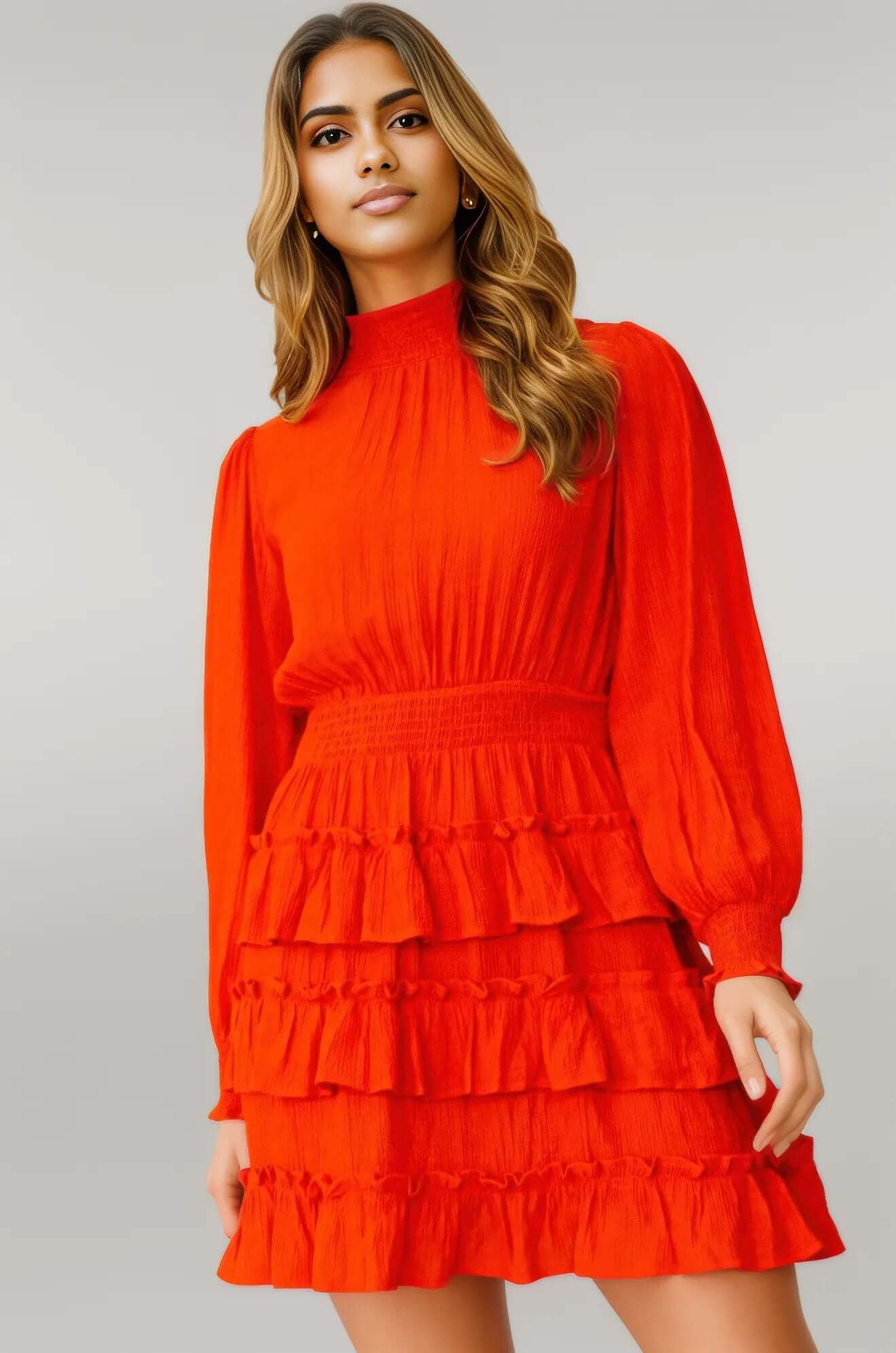 Long Sleeve Smocked Neck Tiered Ruffle Mini Dress