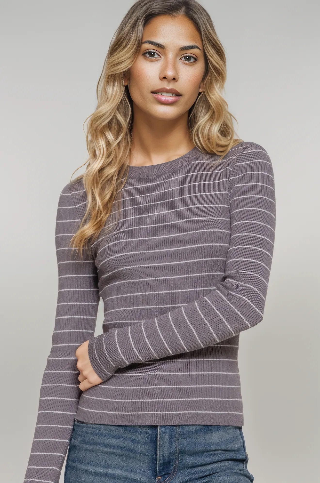 Long slv crew neck stripe sweater Grey White