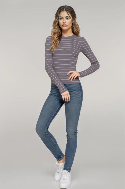 Long slv crew neck stripe sweater