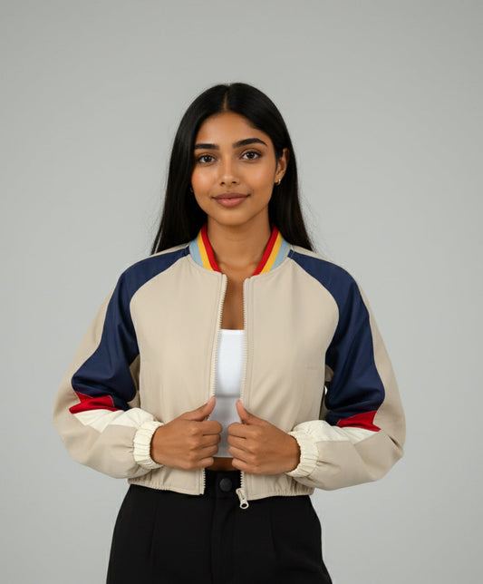 Contrast Baseball Collar Zip Up Long Sleeve Jacket