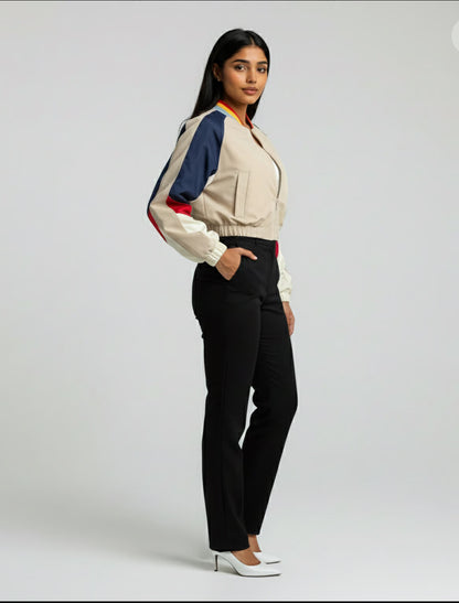 Contrast Baseball Collar Zip Up Long Sleeve Jacket