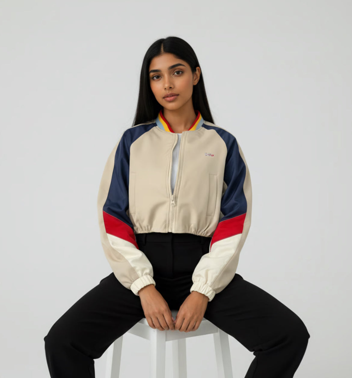 Contrast Baseball Collar Zip Up Long Sleeve Jacket