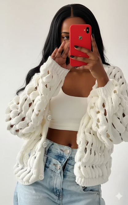 Openwork Button Up V-Neck Cardigan