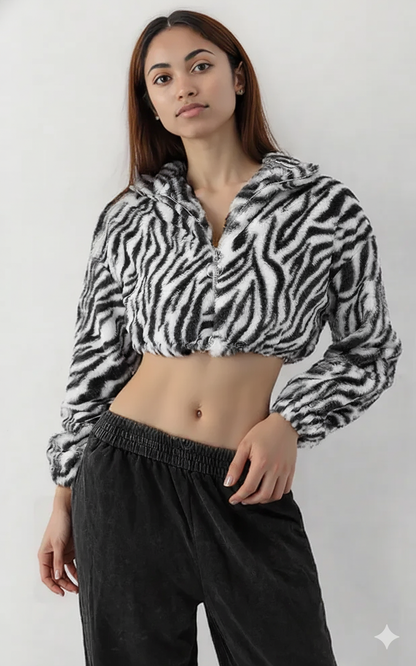 Zebra Print Plush Cropped Jacket