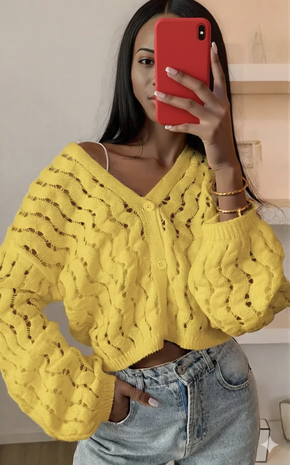 Openwork Button Up V-Neck Cardigan