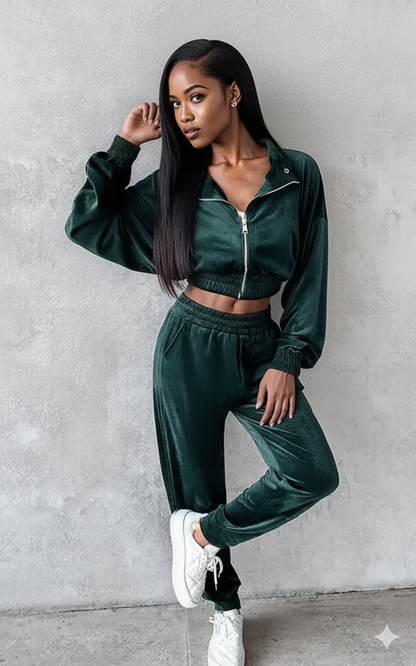 Zip Up Long Sleeve Cropped Top and Joggers Set