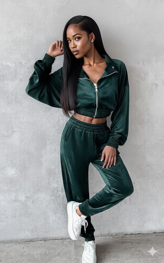 Zip Up Long Sleeve Cropped Top and Joggers Set
