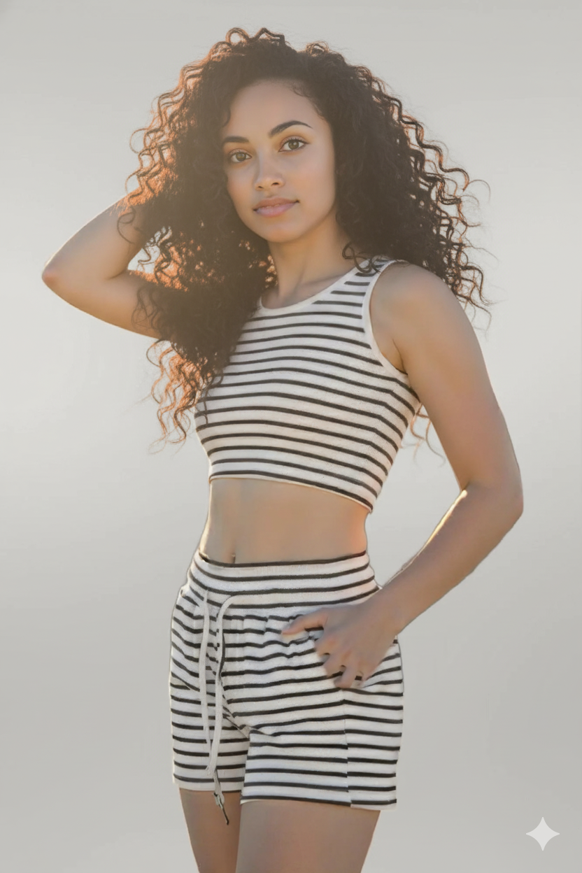 Striped Ribbed Cropped Tank & Shorts Lounge Set