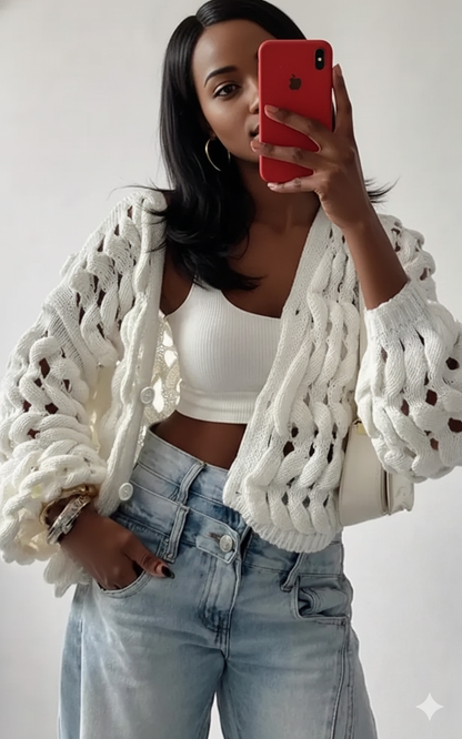 Openwork Button Up V-Neck Cardigan