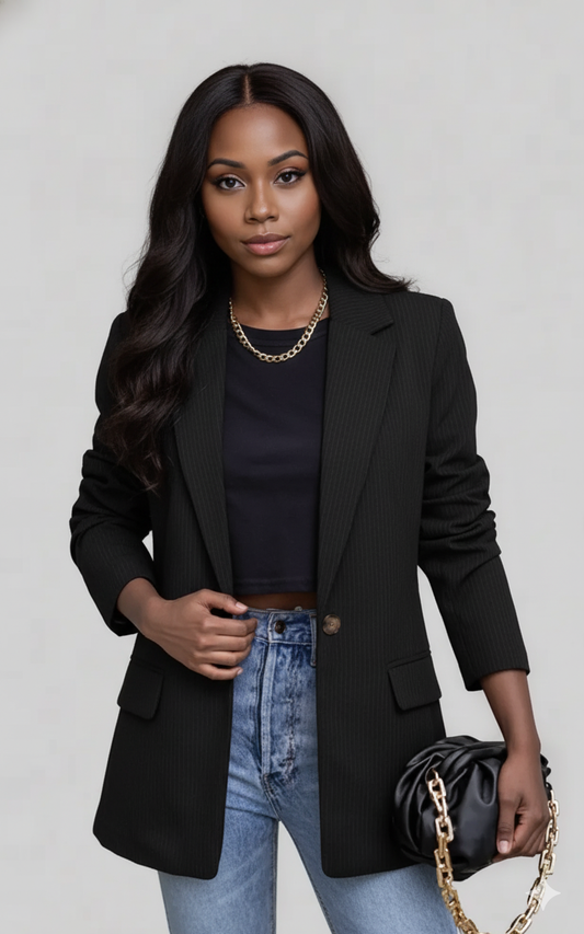 Woman wearing a black blazer, black top, and blue jeans, holding a black handbag with a gold chain.