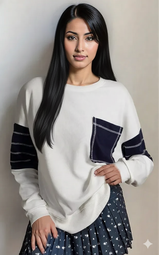 Exposed Seam Detail Color Block Patch Pocket Drop Shoulder Sweatshirt