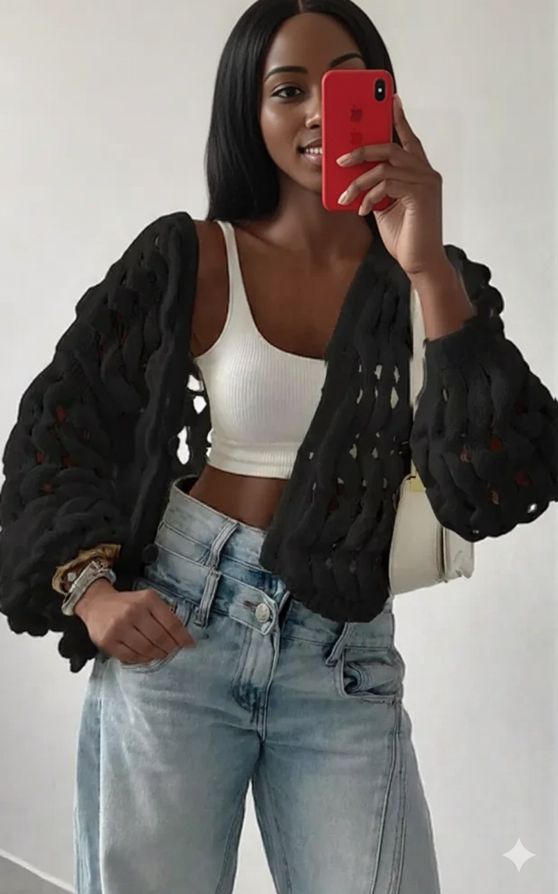 Openwork Button Up V-Neck Cardigan