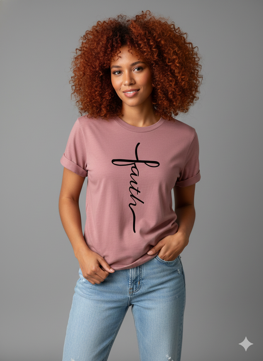 Woman wearing a pink t-shirt with 'faith' printed on it against a gray background