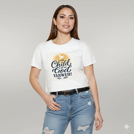 Woman wearing a white t-shirt with 'A Child of God Yahweh' design on a plain background