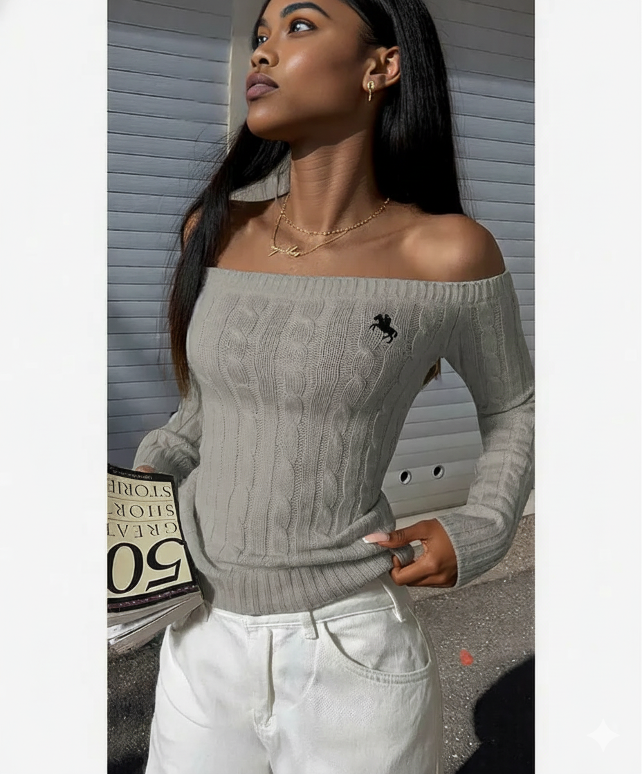 Off Shoulder Cable Knit Solid Long Sleeves Sweater