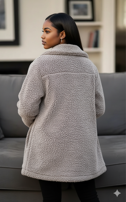 Pocketed Collared Neck Long Sleeve Plush Jacket