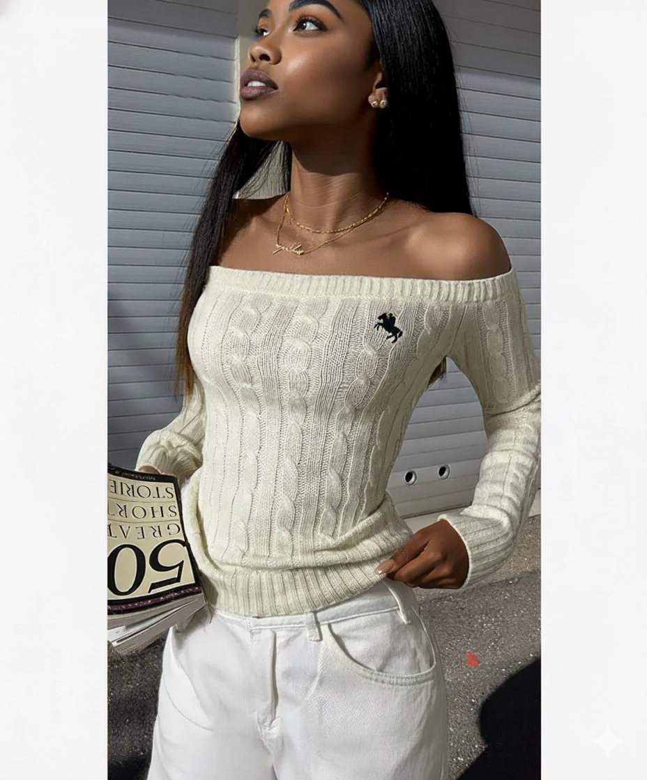 Off Shoulder Cable Knit Solid Long Sleeves Sweater